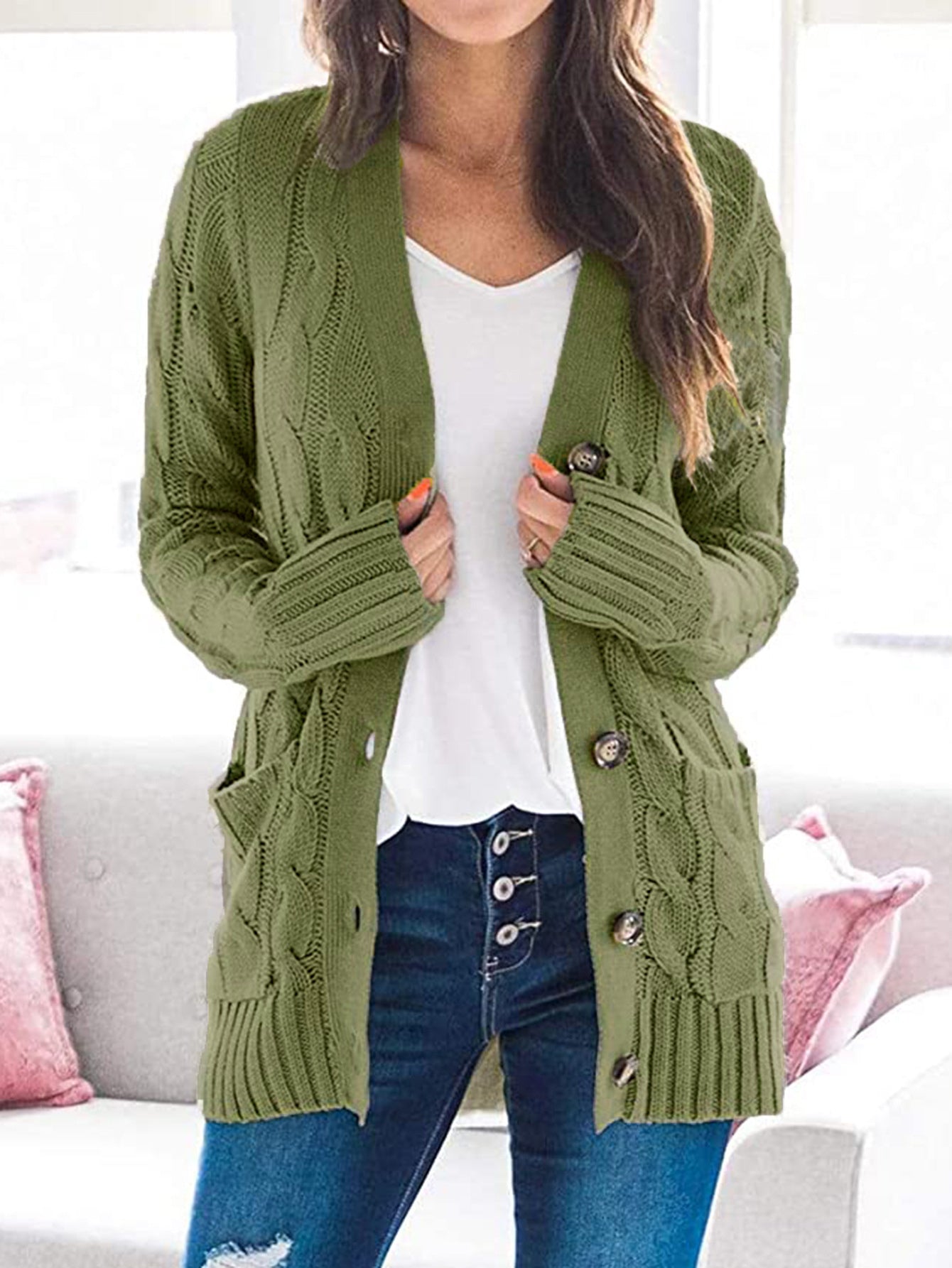 Cable-Knit Buttoned Cardigan with Pockets - Green / S - Women’s Clothing & Accessories - Shirts & Tops - 7 - 2024