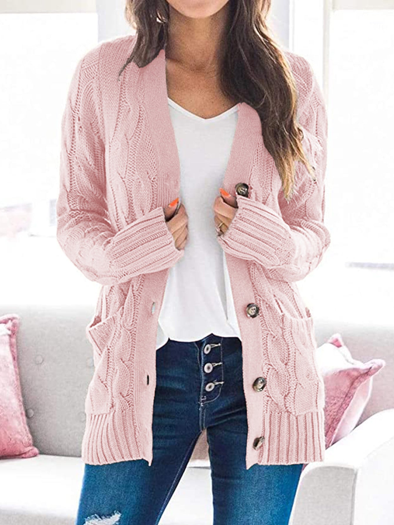 Cable-Knit Buttoned Cardigan with Pockets - Pink / S - Women’s Clothing & Accessories - Shirts & Tops - 10 - 2024