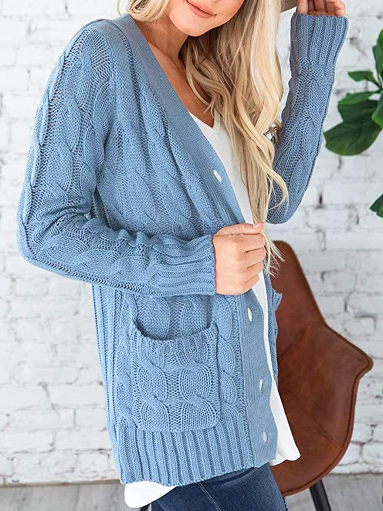 Cable-Knit Buttoned Cardigan with Pockets - Women’s Clothing & Accessories - Shirts & Tops - 5 - 2024