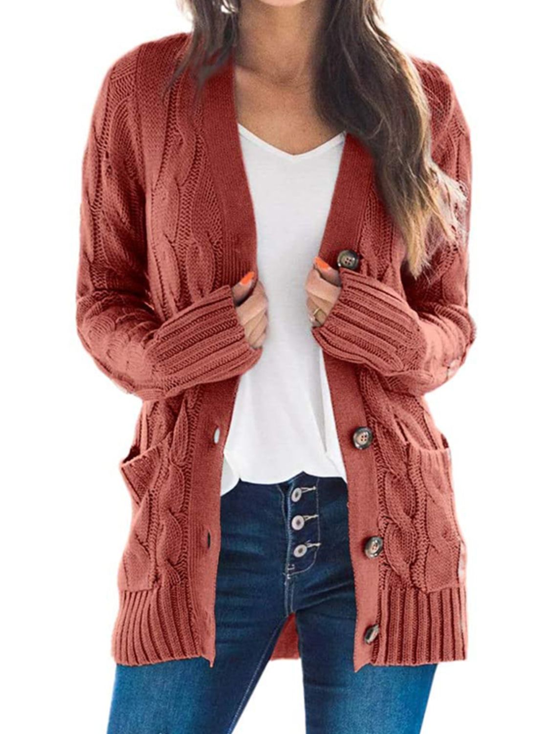 Cable-Knit Buttoned Cardigan with Pockets - Women’s Clothing & Accessories - Shirts & Tops - 20 - 2024