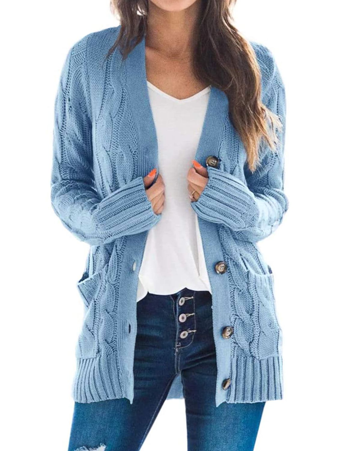 Cable-Knit Buttoned Cardigan with Pockets - Blue / S - Women’s Clothing & Accessories - Shirts & Tops - 4 - 2024