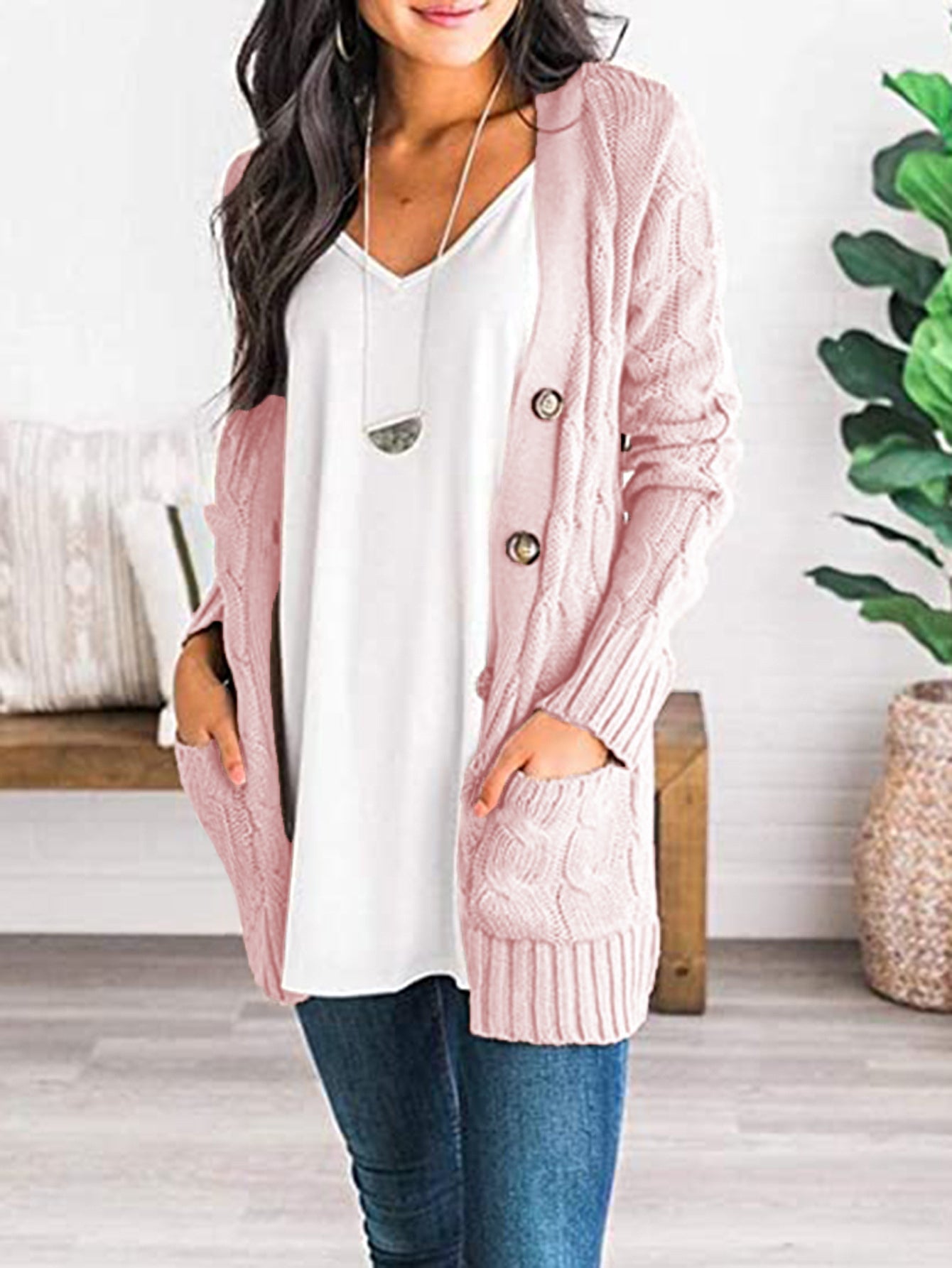 Cable-Knit Buttoned Cardigan with Pockets - Women’s Clothing & Accessories - Shirts & Tops - 11 - 2024
