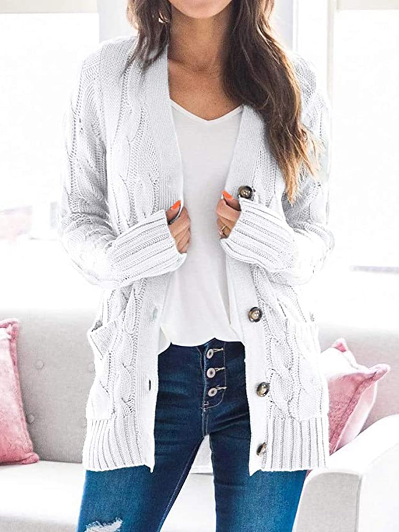Cable-Knit Buttoned Cardigan with Pockets - White / S - Women’s Clothing & Accessories - Shirts & Tops - 16 - 2024