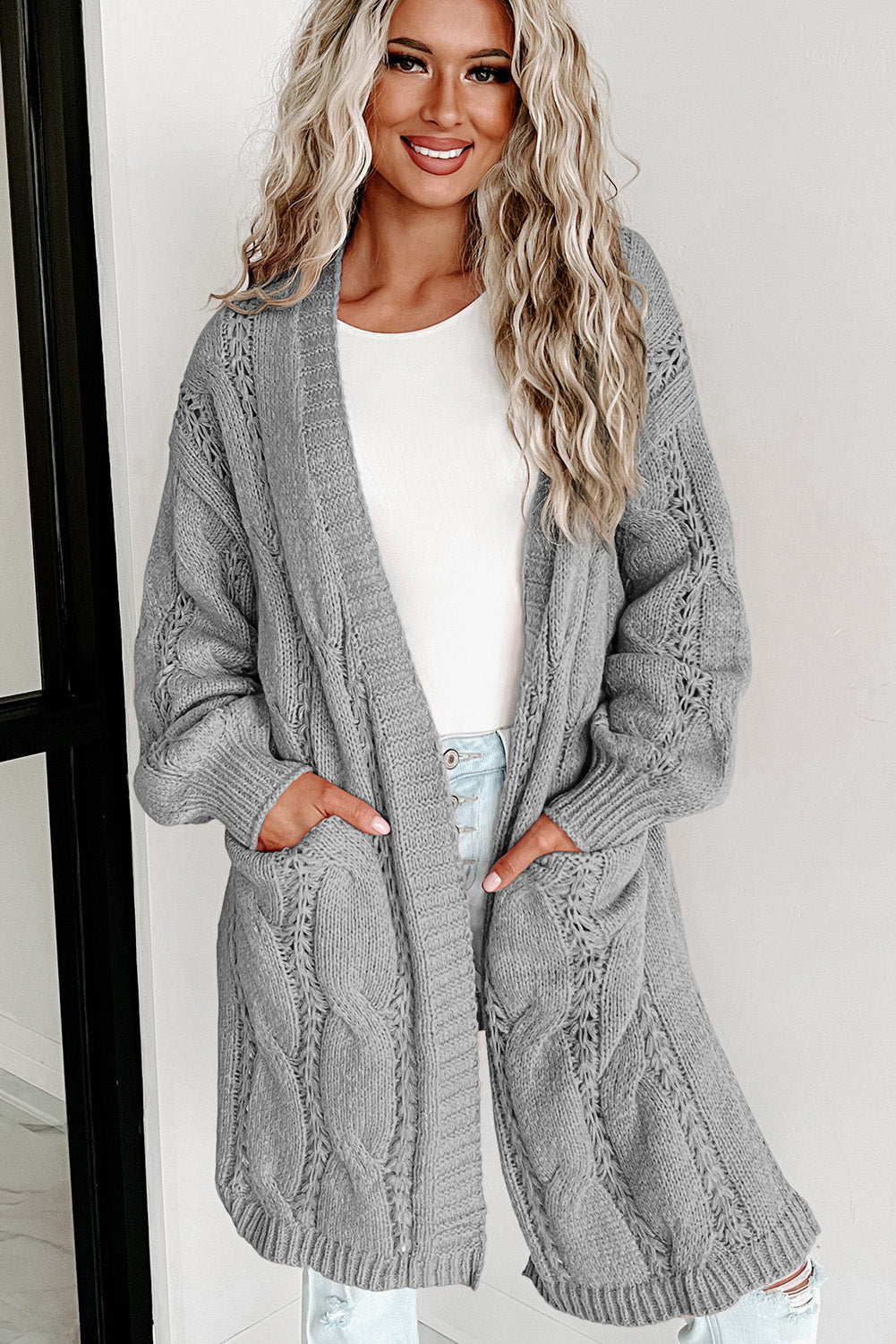 Cable-Knit Dropped Shoulder Cardigan - Light Gray / S - Women’s Clothing & Accessories - Shirts & Tops - 4 - 2024