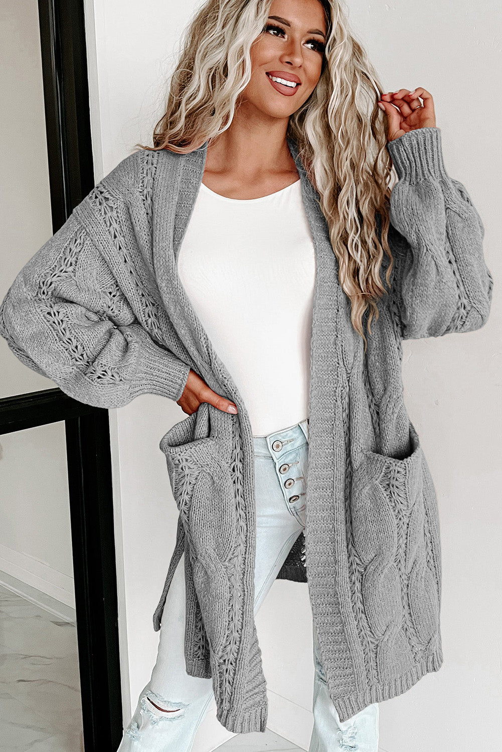 Cable-Knit Dropped Shoulder Cardigan - Women’s Clothing & Accessories - Shirts & Tops - 5 - 2024