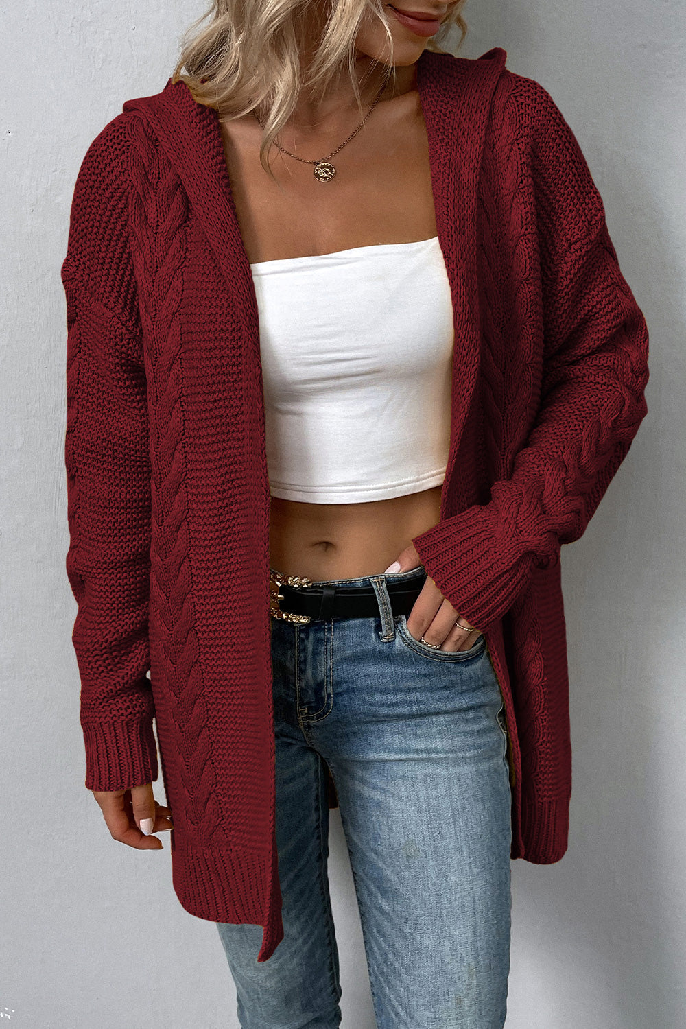Cable-Knit Dropped Shoulder Hooded Cardigan - Women’s Clothing & Accessories - Shirts & Tops - 11 - 2024
