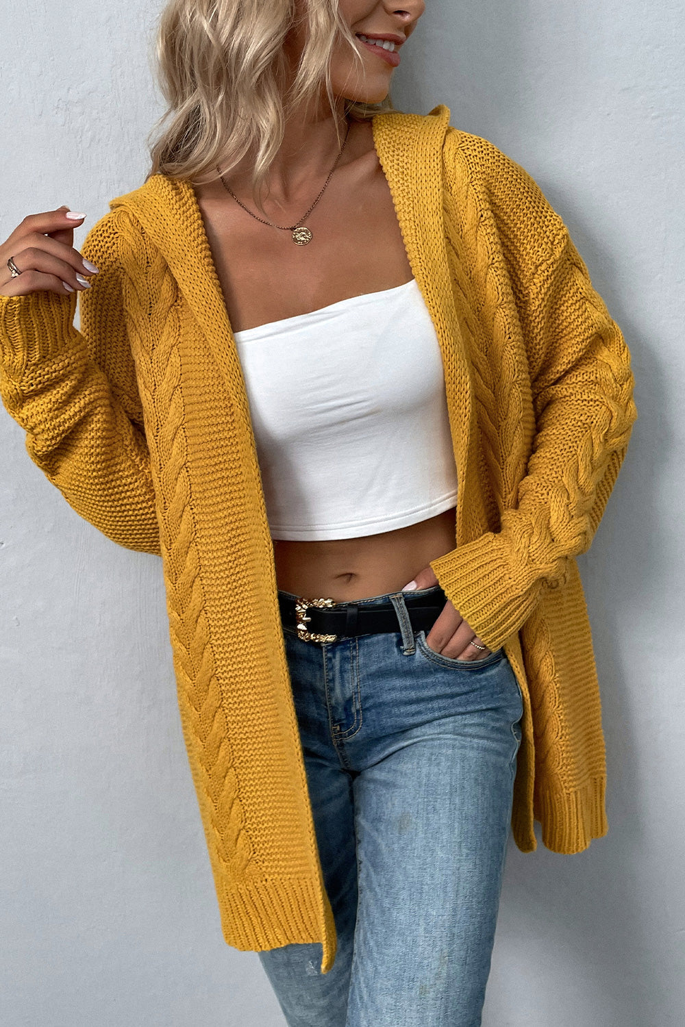 Cable-Knit Dropped Shoulder Hooded Cardigan - Women’s Clothing & Accessories - Shirts & Tops - 5 - 2024