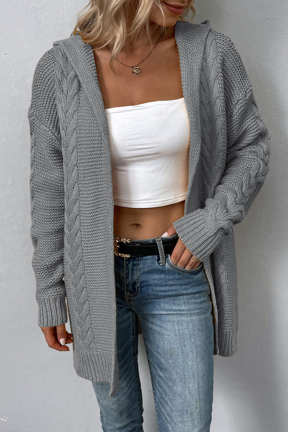 Cable-Knit Dropped Shoulder Hooded Cardigan - Women’s Clothing & Accessories - Shirts & Tops - 3 - 2024