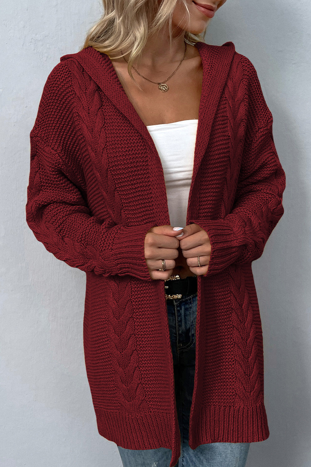 Cable-Knit Dropped Shoulder Hooded Cardigan - Red / S - Women’s Clothing & Accessories - Shirts & Tops - 10 - 2024
