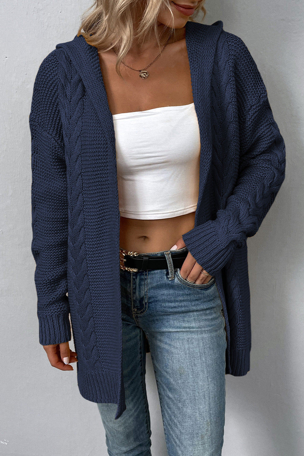 Cable-Knit Dropped Shoulder Hooded Cardigan - Women’s Clothing & Accessories - Shirts & Tops - 8 - 2024