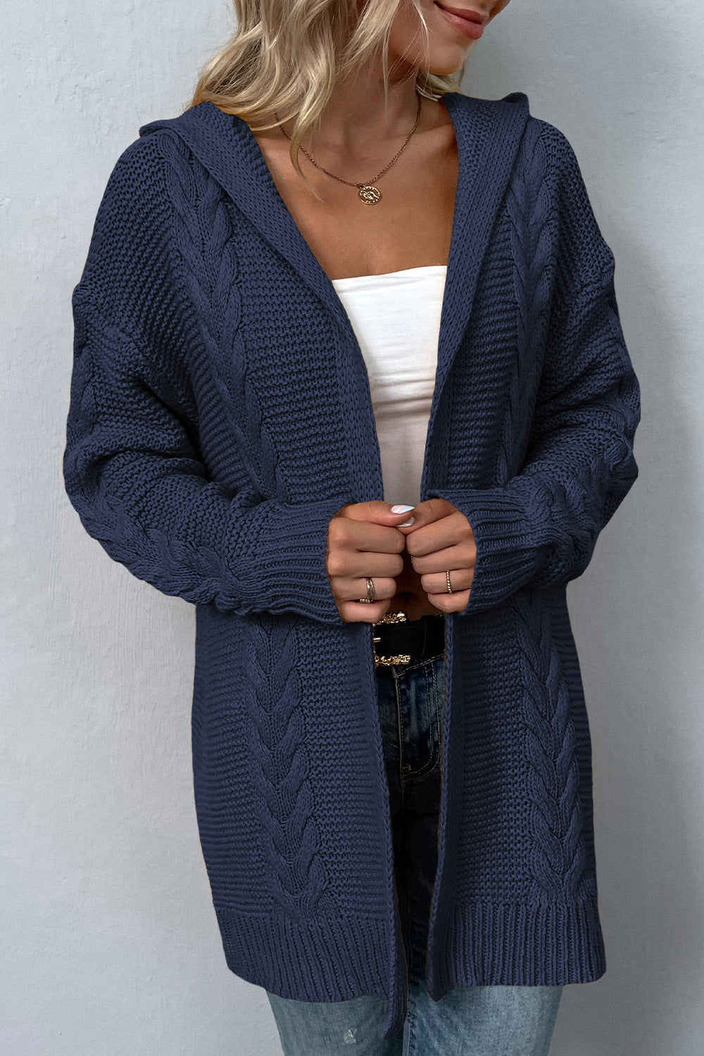 Cable-Knit Dropped Shoulder Hooded Cardigan - Dark Blue / S - Women’s Clothing & Accessories - Shirts & Tops - 7 - 2024