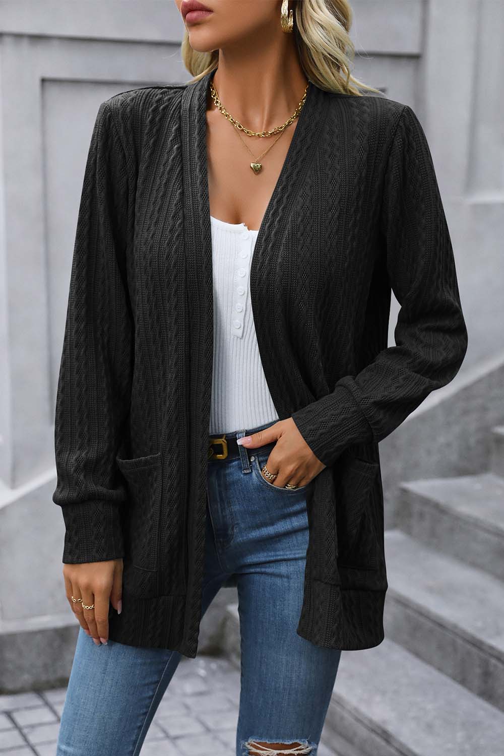 Cable-Knit Long Sleeve Cardigan with Pocket - Women’s Clothing & Accessories - Shirts & Tops - 8 - 2024