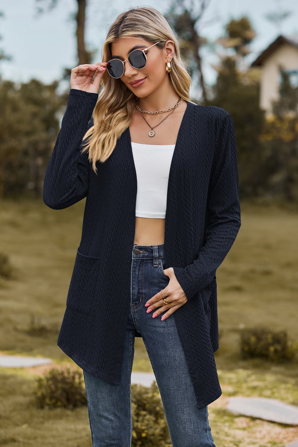Cable-Knit Long Sleeve Cardigan with Pocket - Dark Blue / S - Women’s Clothing & Accessories - Shirts & Tops - 5 - 2024