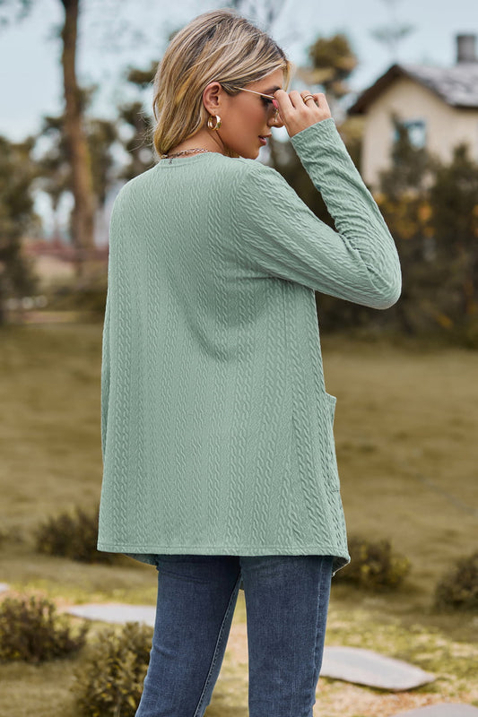 Cable-Knit Long Sleeve Cardigan with Pocket - Women’s Clothing & Accessories - Shirts & Tops - 2 - 2024
