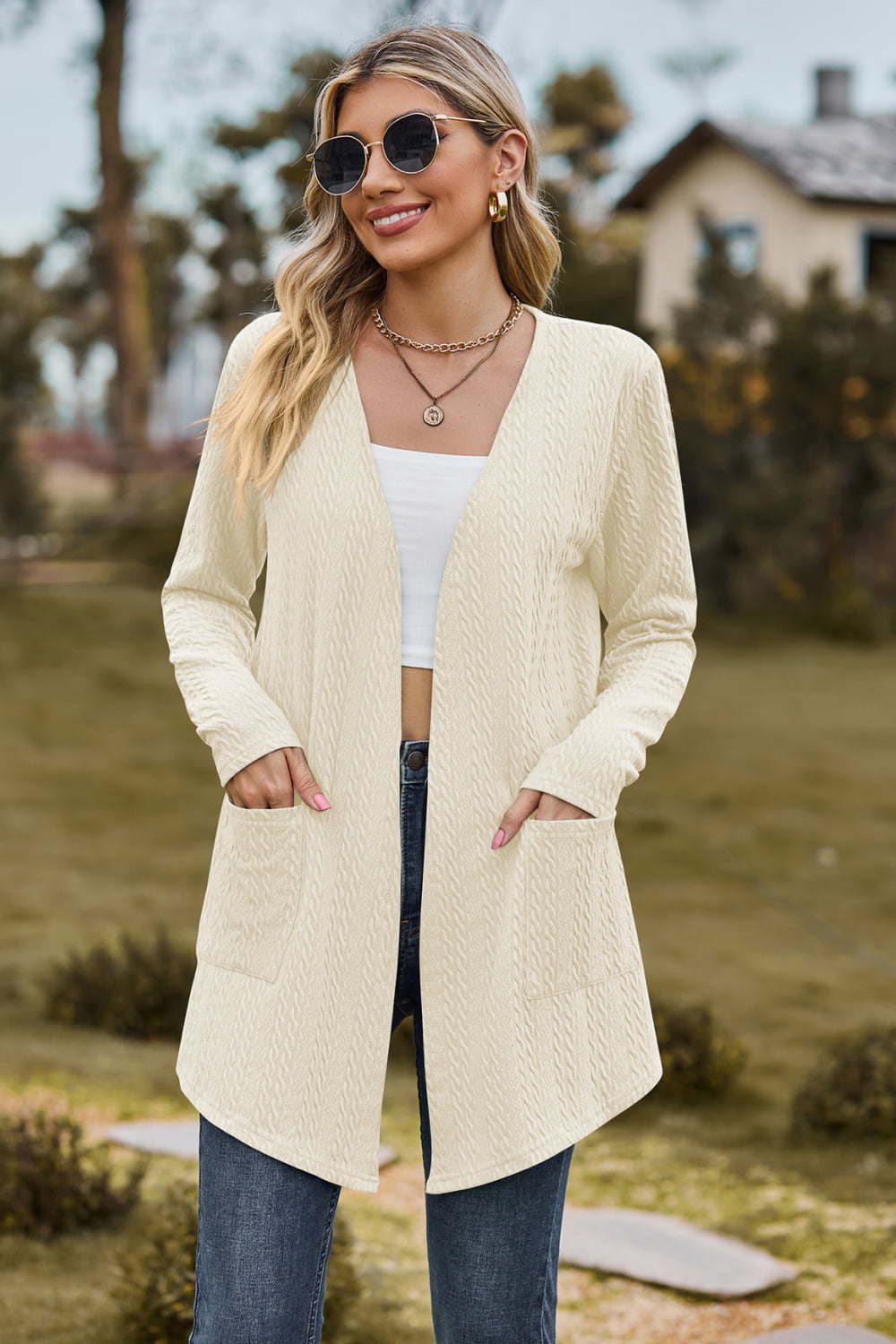 Cable-Knit Long Sleeve Cardigan with Pocket - White / S - Women’s Clothing & Accessories - Shirts & Tops - 15 - 2024