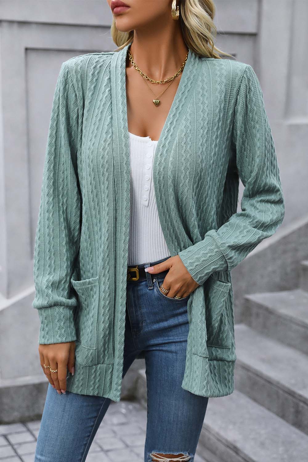 Cable-Knit Long Sleeve Cardigan with Pocket - Women’s Clothing & Accessories - Shirts & Tops - 11 - 2024
