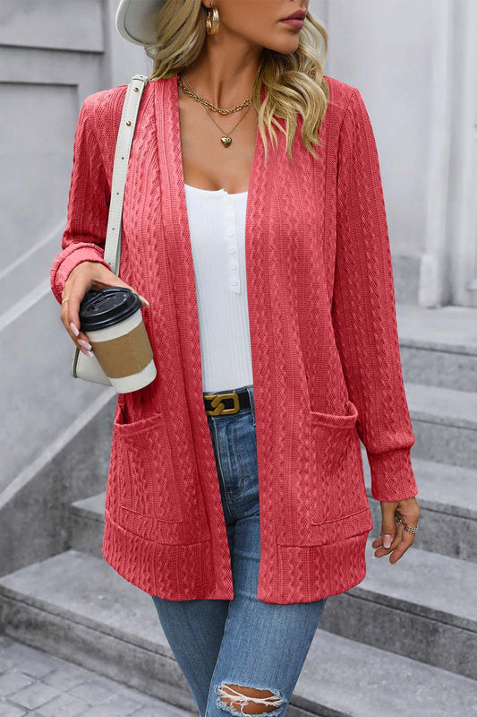 Cable-Knit Long Sleeve Cardigan with Pocket - Red / S - Women’s Clothing & Accessories - Shirts & Tops - 1 - 2024