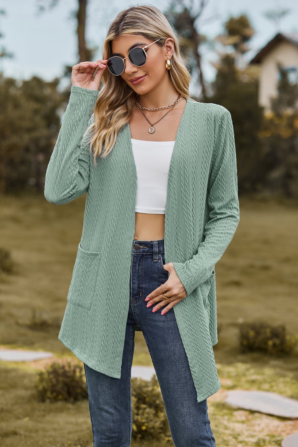 Cable-Knit Long Sleeve Cardigan with Pocket - Women’s Clothing & Accessories - Shirts & Tops - 4 - 2024