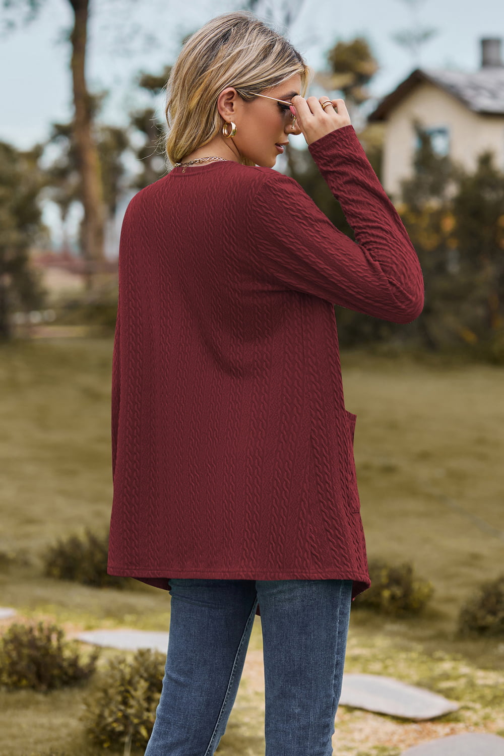 Cable-Knit Long Sleeve Cardigan with Pocket - Women’s Clothing & Accessories - Shirts & Tops - 10 - 2024