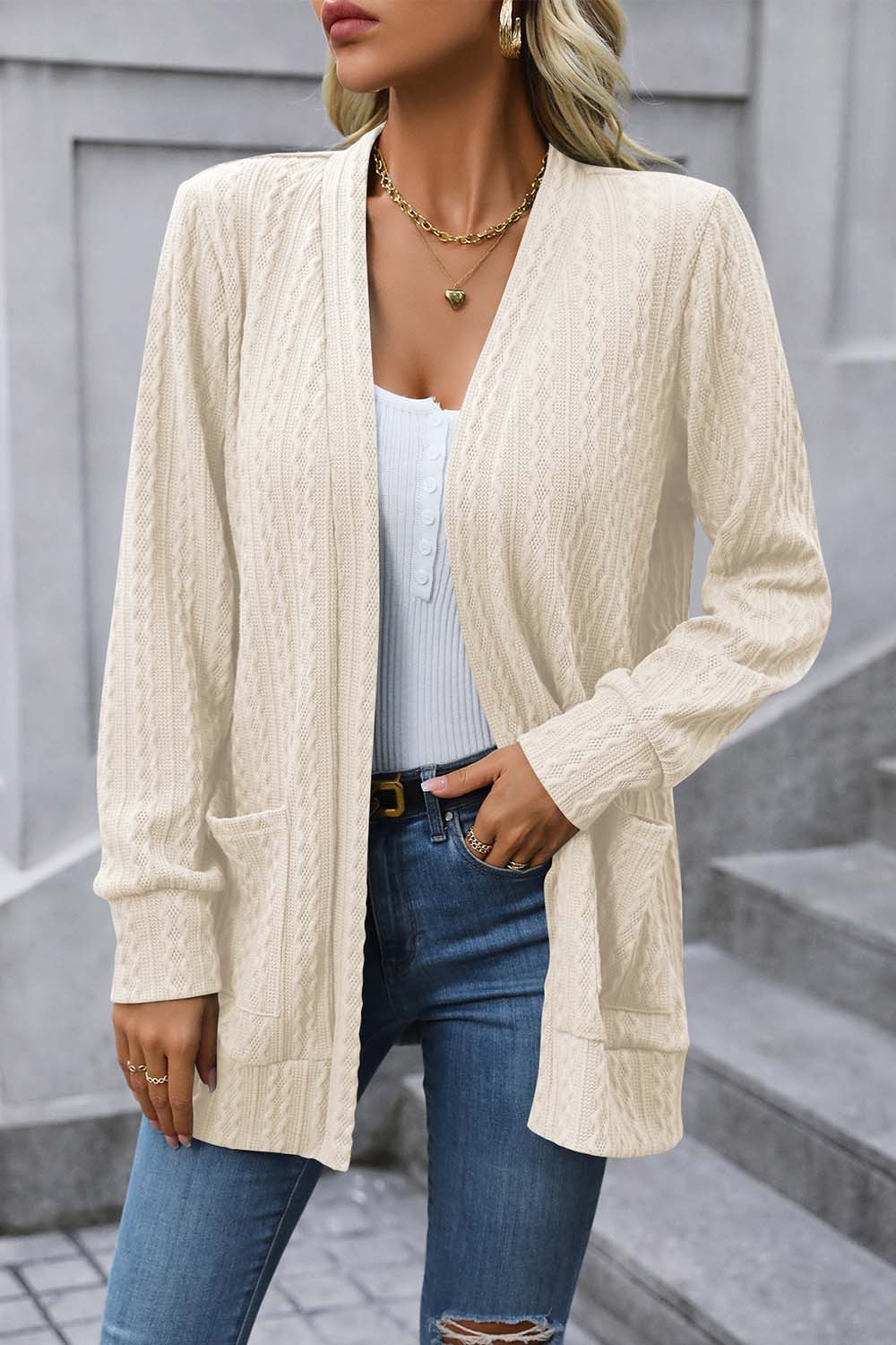 Cable-Knit Long Sleeve Cardigan with Pocket - Women’s Clothing & Accessories - Shirts & Tops - 5 - 2024