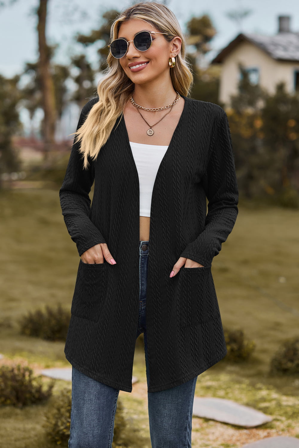 Cable-Knit Long Sleeve Cardigan with Pocket - Women’s Clothing & Accessories - Shirts & Tops - 13 - 2024