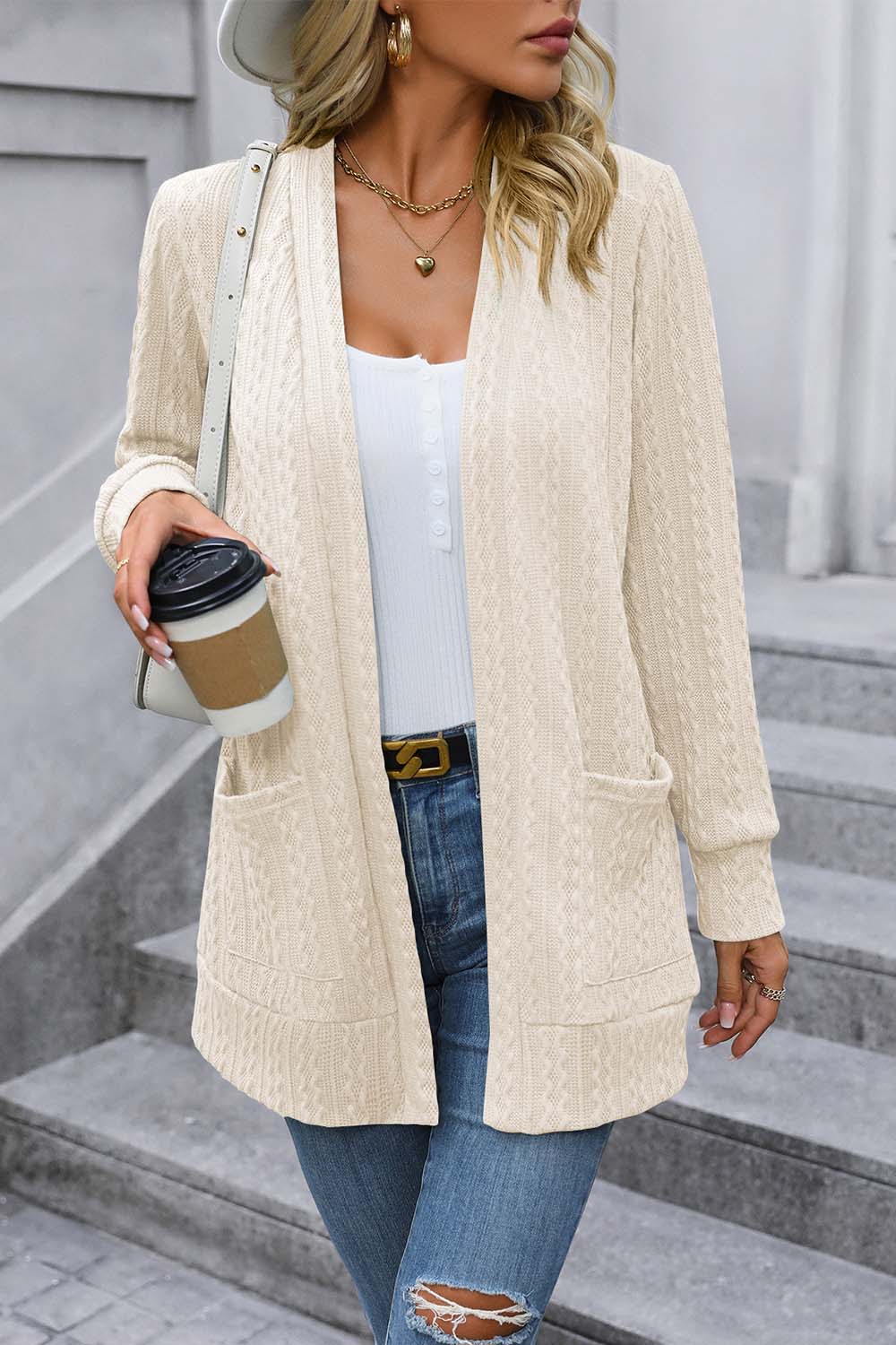 Cable-Knit Long Sleeve Cardigan with Pocket - Beige / S - Women’s Clothing & Accessories - Shirts & Tops - 4 - 2024
