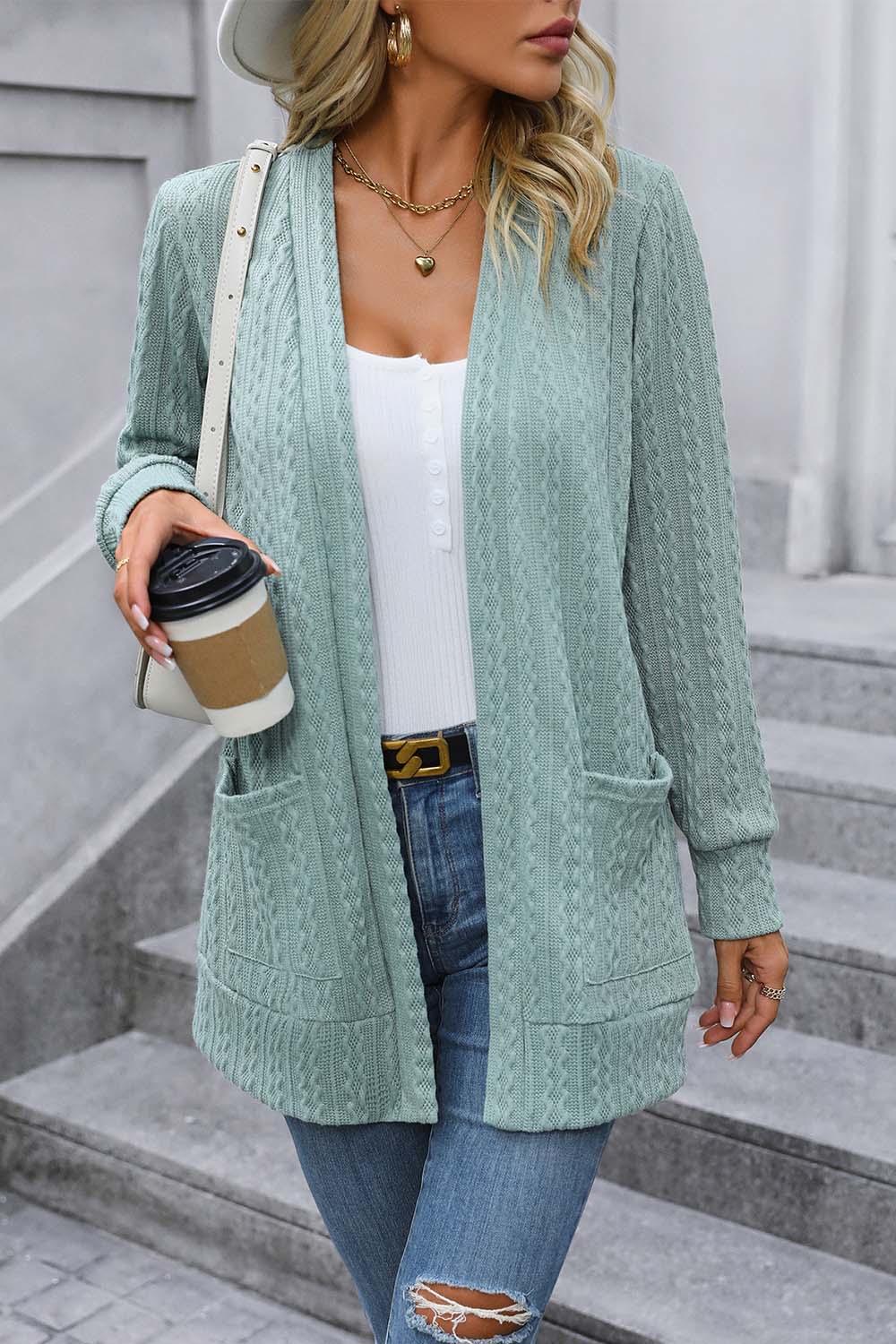 Cable-Knit Long Sleeve Cardigan with Pocket - Teal / S - Women’s Clothing & Accessories - Shirts & Tops - 10 - 2024