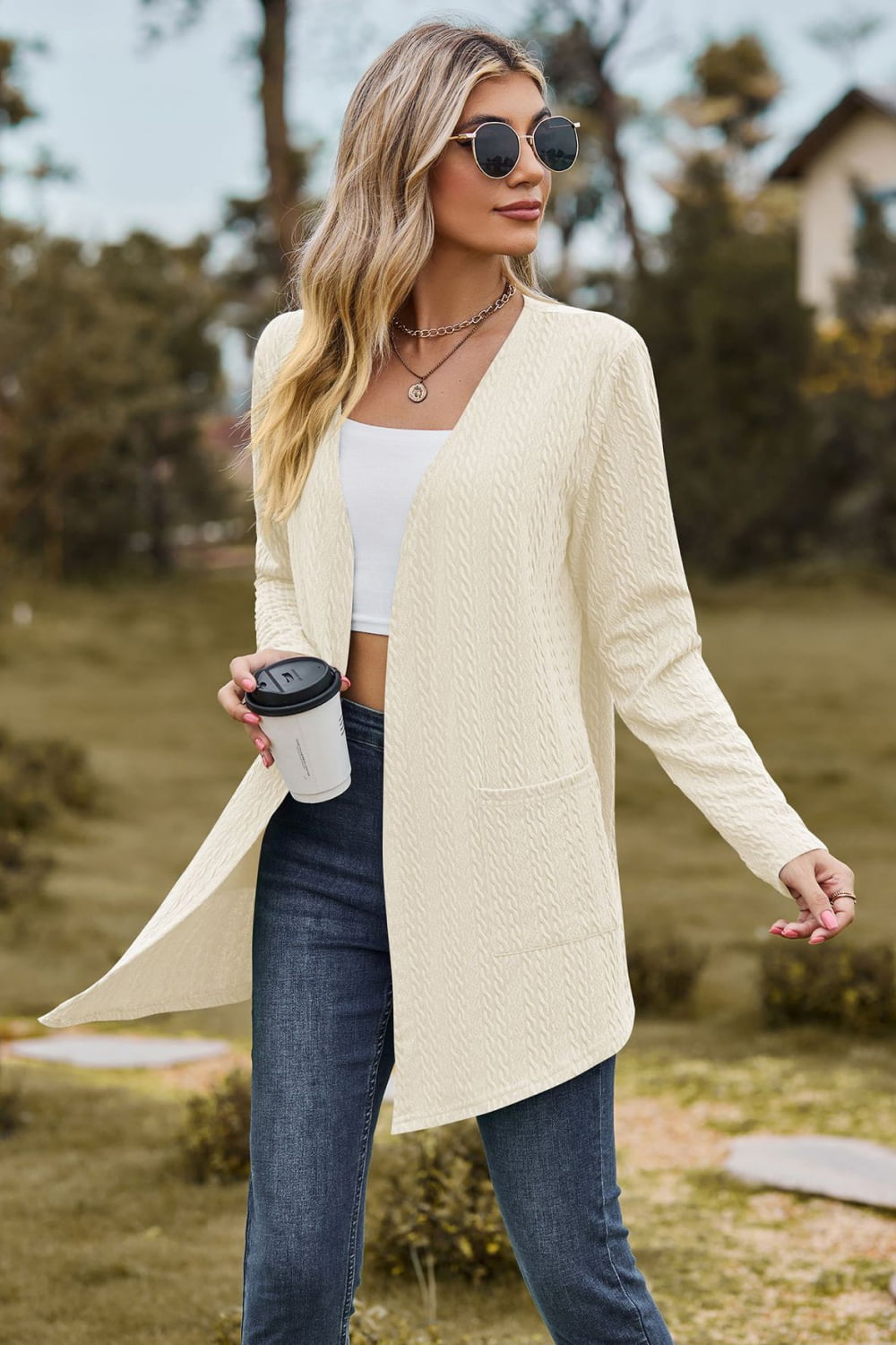 Cable-Knit Long Sleeve Cardigan with Pocket - Women’s Clothing & Accessories - Shirts & Tops - 16 - 2024
