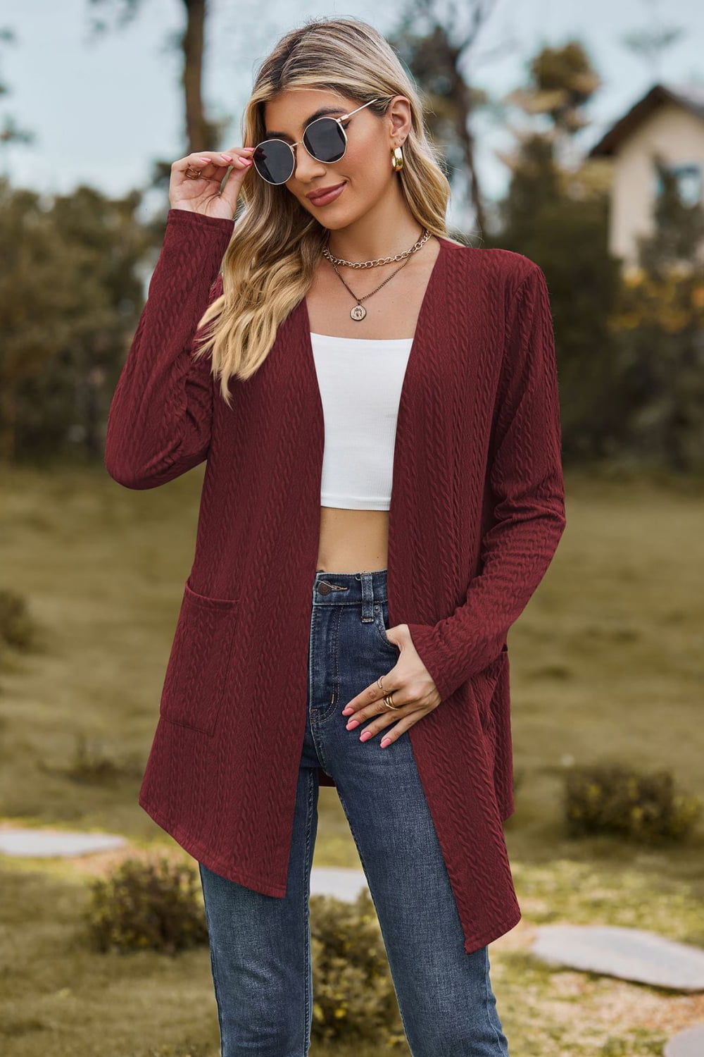 Cable-Knit Long Sleeve Cardigan with Pocket - Red / S - Women’s Clothing & Accessories - Shirts & Tops - 8 - 2024