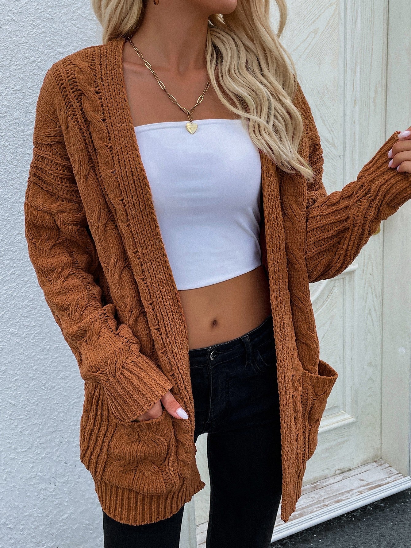 Cable-Knit Open Front Cardigan with Front Pockets - Women’s Clothing & Accessories - Shirts & Tops - 9 - 2024