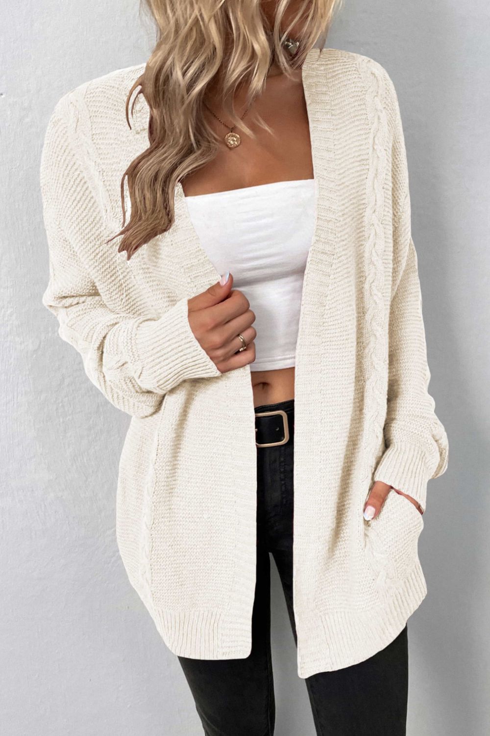 Cable-Knit Open Front Cardigan with Pockets - Women’s Clothing & Accessories - Shirts & Tops - 3 - 2024