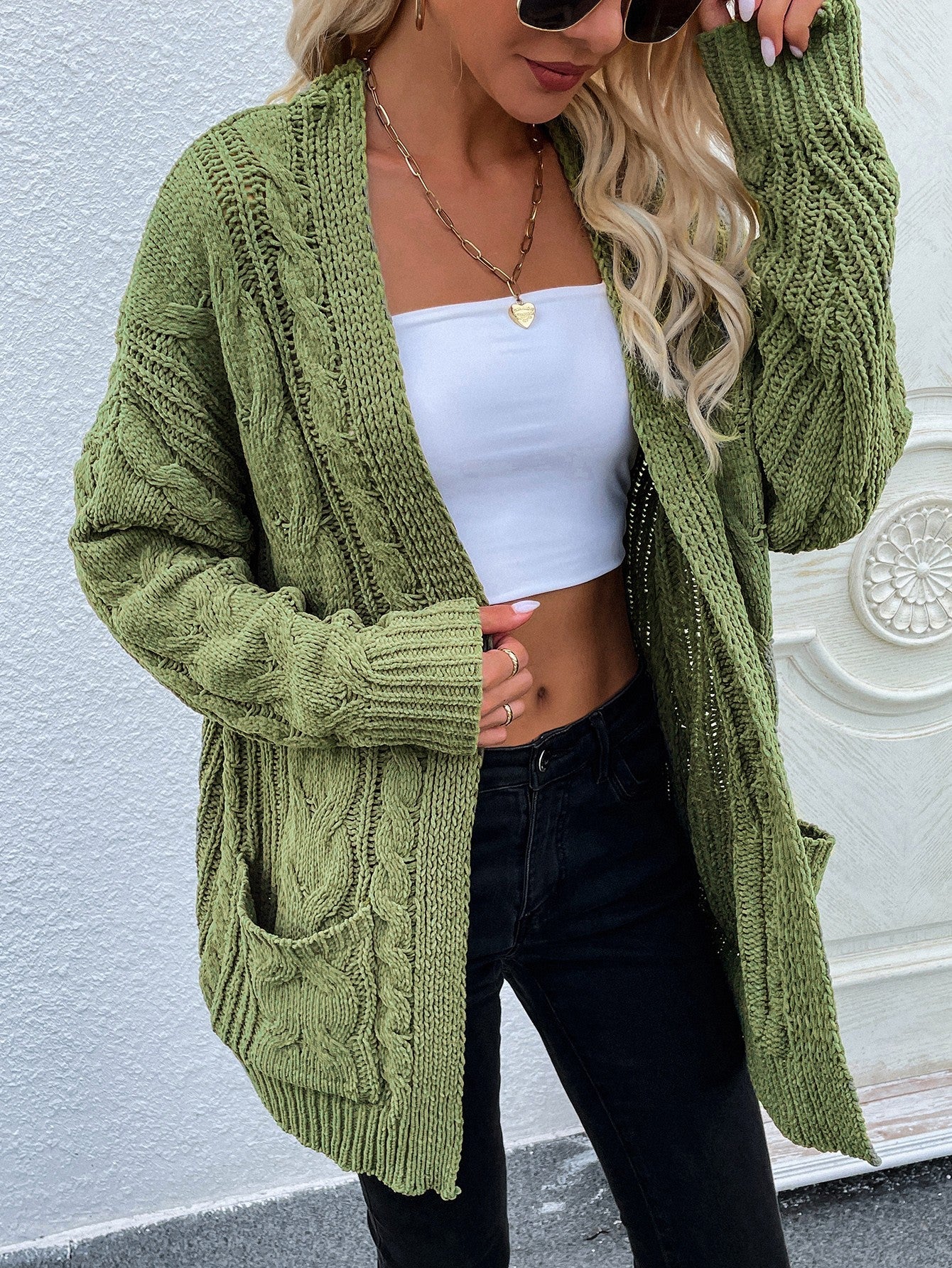 Cable-Knit Open Front Cardigan with Front Pockets - Women’s Clothing & Accessories - Shirts & Tops - 14 - 2024