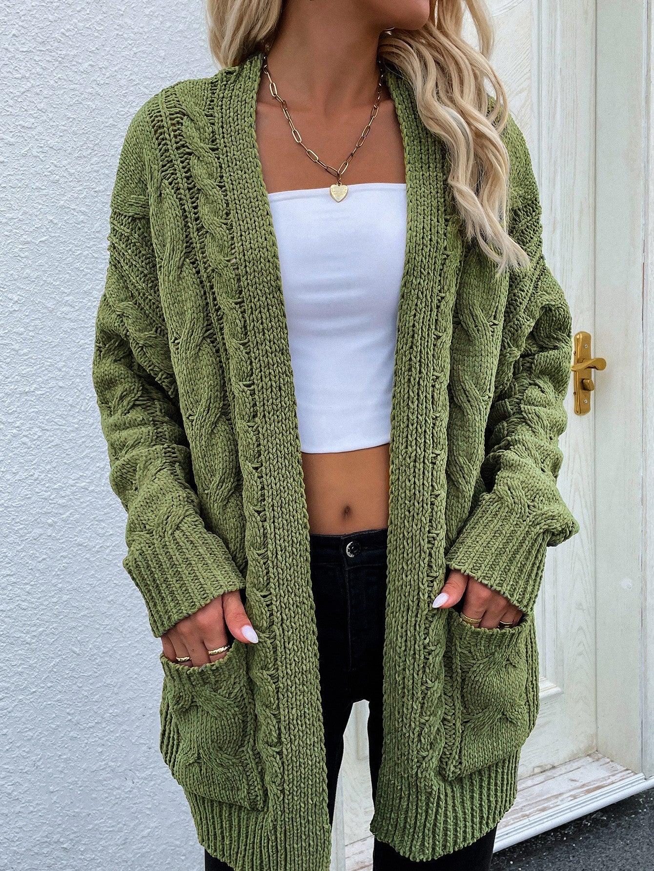 Cable-Knit Open Front Cardigan with Front Pockets - Green / S - Women’s Clothing & Accessories - Shirts & Tops - 12