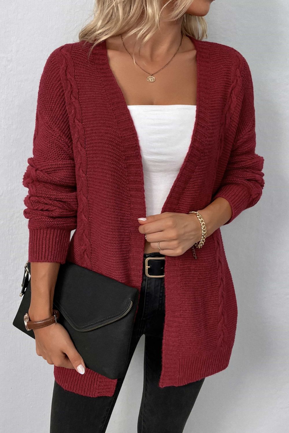 Cable-Knit Open Front Cardigan with Pockets - Women’s Clothing & Accessories - Shirts & Tops - 11 - 2024
