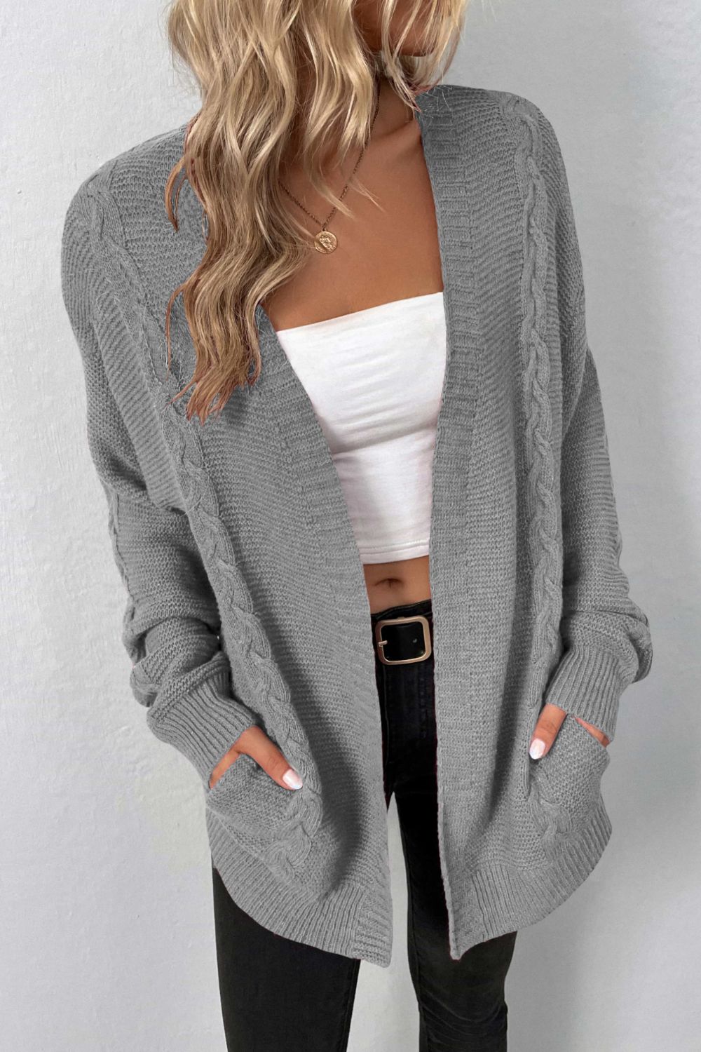 Cable-Knit Open Front Cardigan with Pockets - Gray / S - Women’s Clothing & Accessories - Shirts & Tops - 4 - 2024