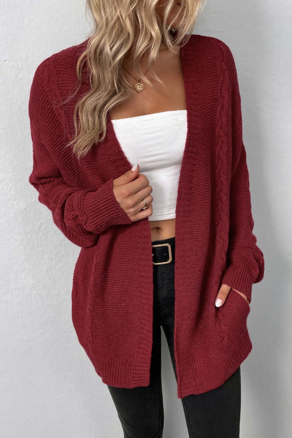Cable-Knit Open Front Cardigan with Pockets - Red / S - Women’s Clothing & Accessories - Shirts & Tops - 10 - 2024