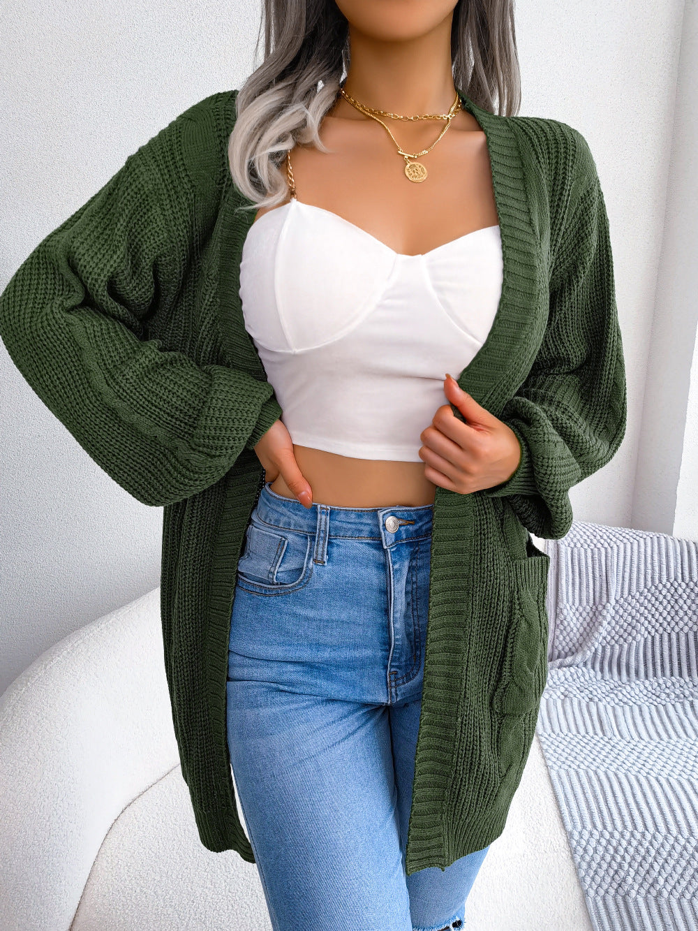 Cable-Knit Open Front Pocketed Cardigan - Dark Green / S - Women’s Clothing & Accessories - Shirts & Tops - 11 - 2024