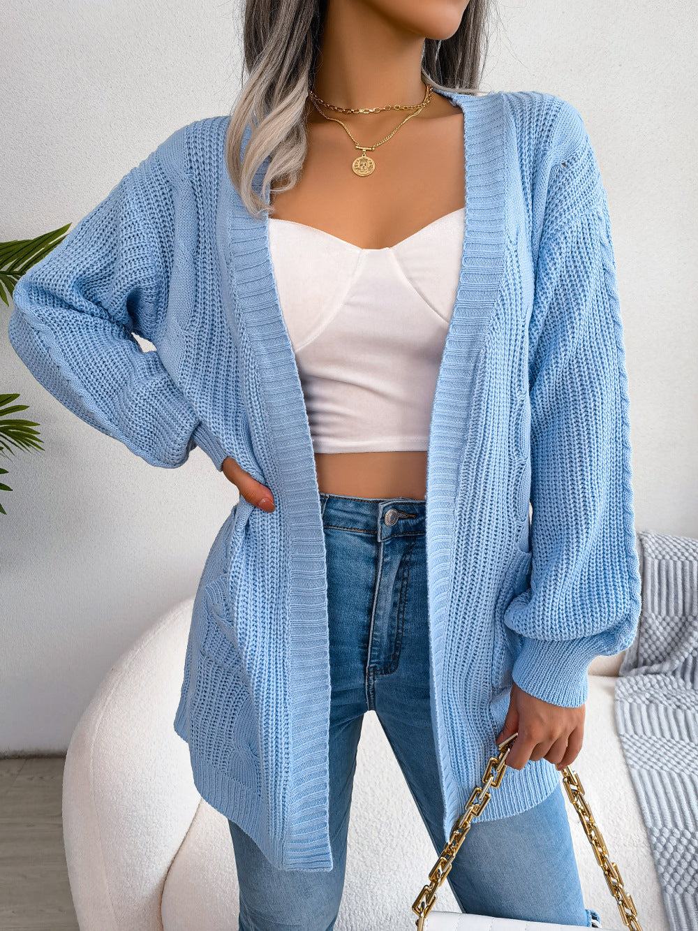 Cable-Knit Open Front Pocketed Cardigan - Women’s Clothing & Accessories - Shirts & Tops - 9 - 2024