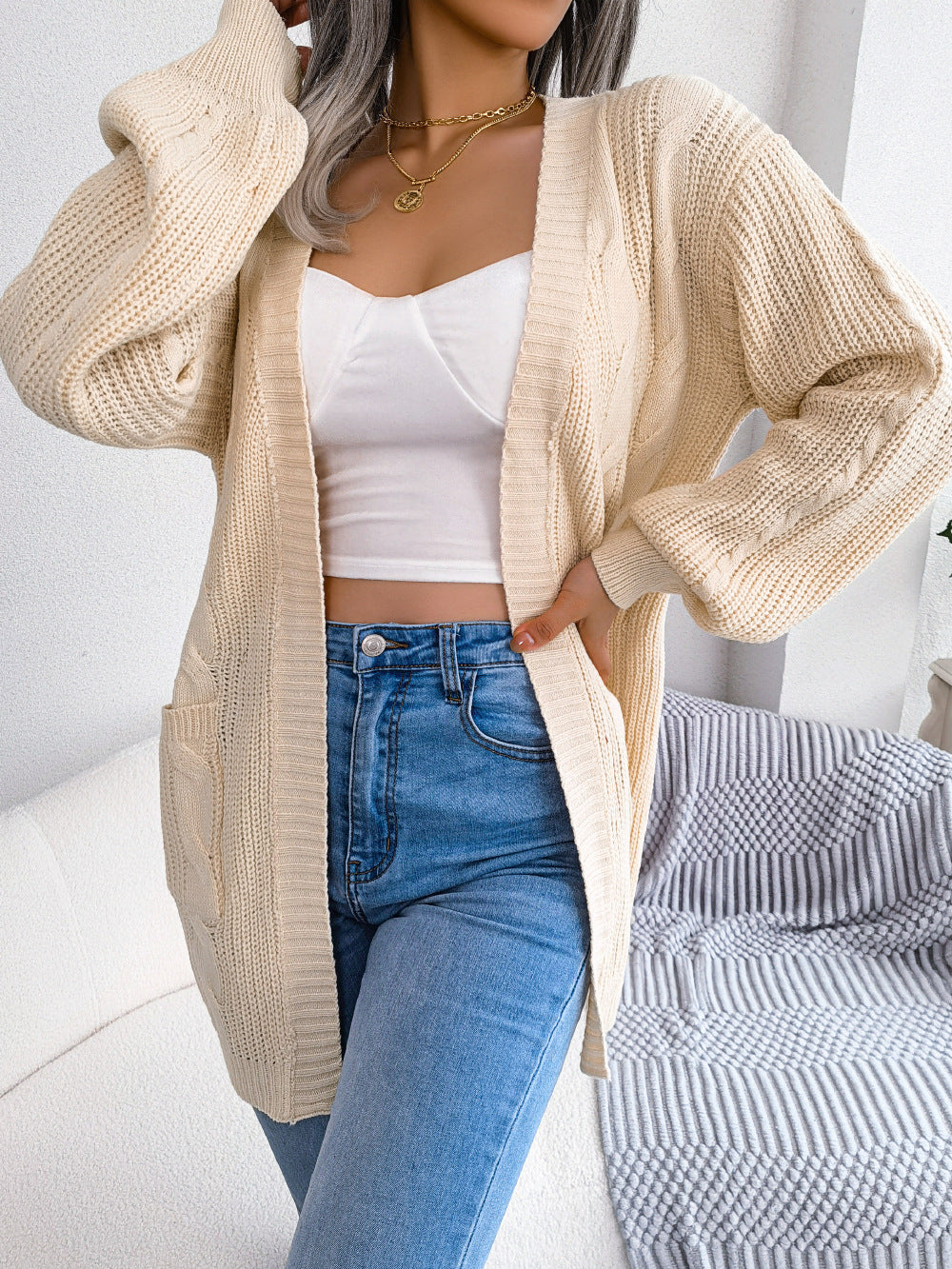 Cable-Knit Open Front Pocketed Cardigan - Beige / S - Women’s Clothing & Accessories - Shirts & Tops - 16 - 2024