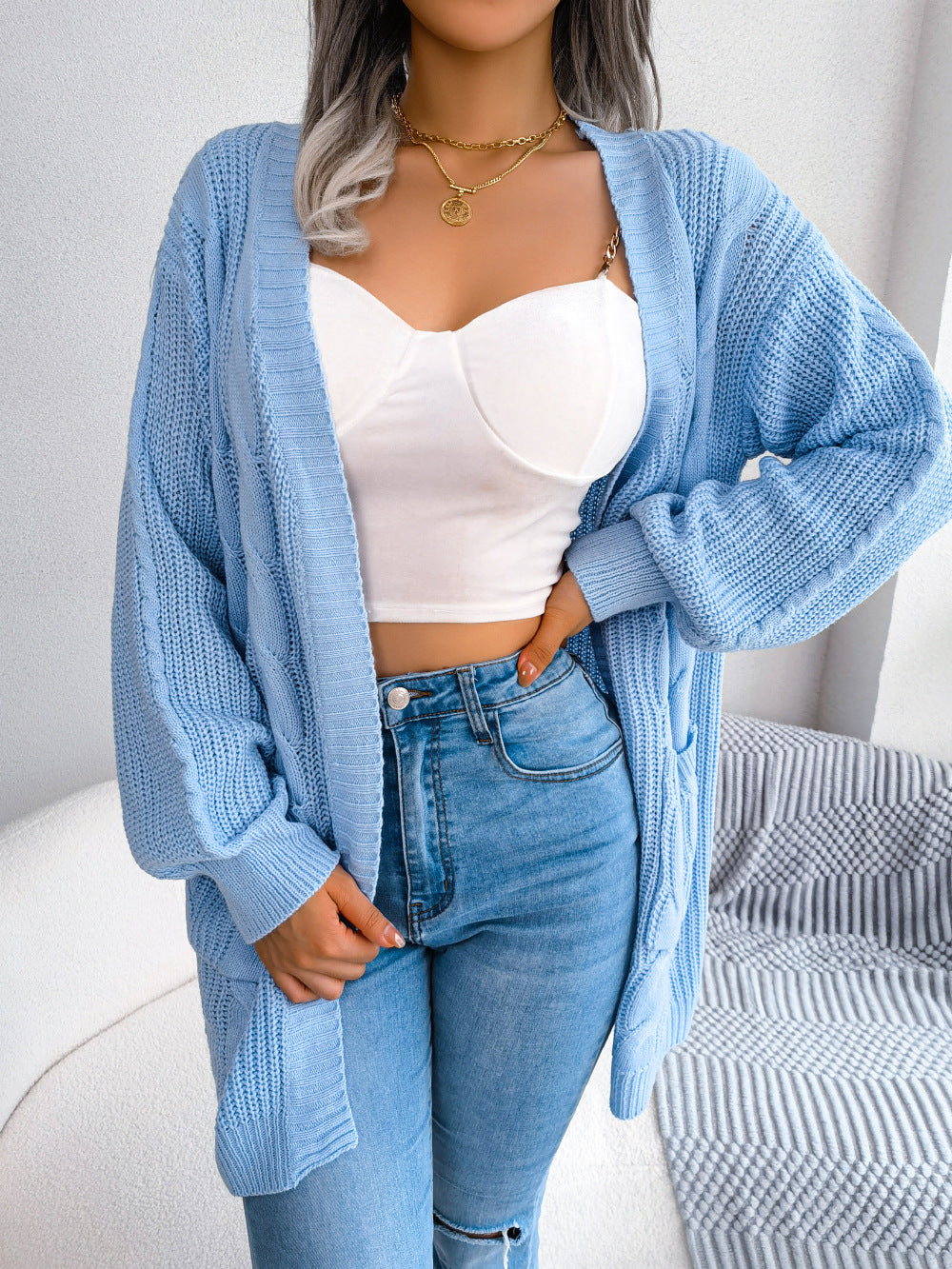 Cable-Knit Open Front Pocketed Cardigan - Blue / S - Women’s Clothing & Accessories - Shirts & Tops - 6 - 2024