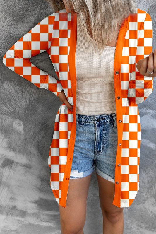 Checkered Button Up Long Cardigan - Tangerine / S - Women’s Clothing & Accessories - Shirts & Tops - 1 - 2024