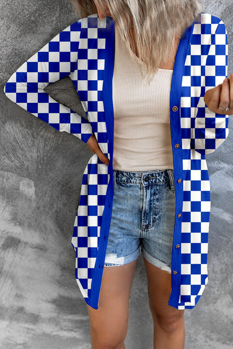 Checkered Button Up Long Cardigan - Blue / S - Women’s Clothing & Accessories - Shirts & Tops - 1 - 2024