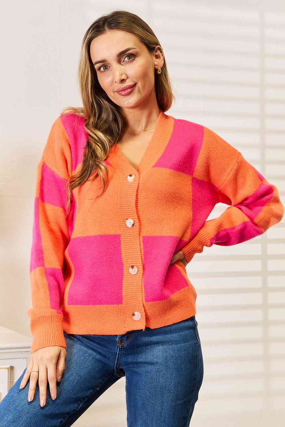 Checkered V-Neck Dropped Shoulder Cardigan - Women’s Clothing & Accessories - Shirts & Tops - 6 - 2024