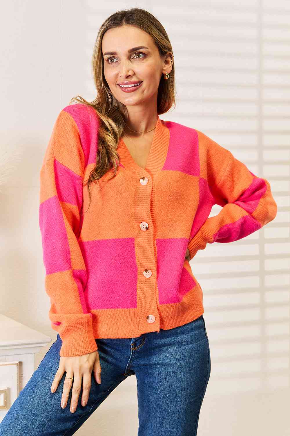 Checkered V-Neck Dropped Shoulder Cardigan - Women’s Clothing & Accessories - Shirts & Tops - 5 - 2024