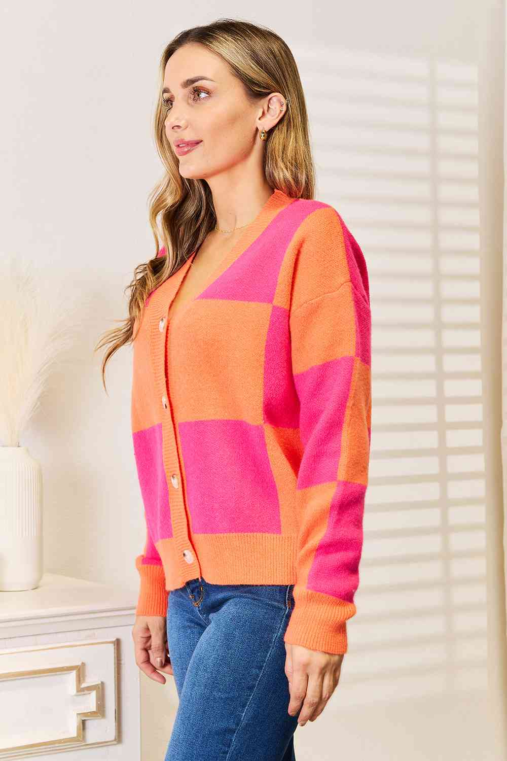 Checkered V-Neck Dropped Shoulder Cardigan - Women’s Clothing & Accessories - Shirts & Tops - 7 - 2024