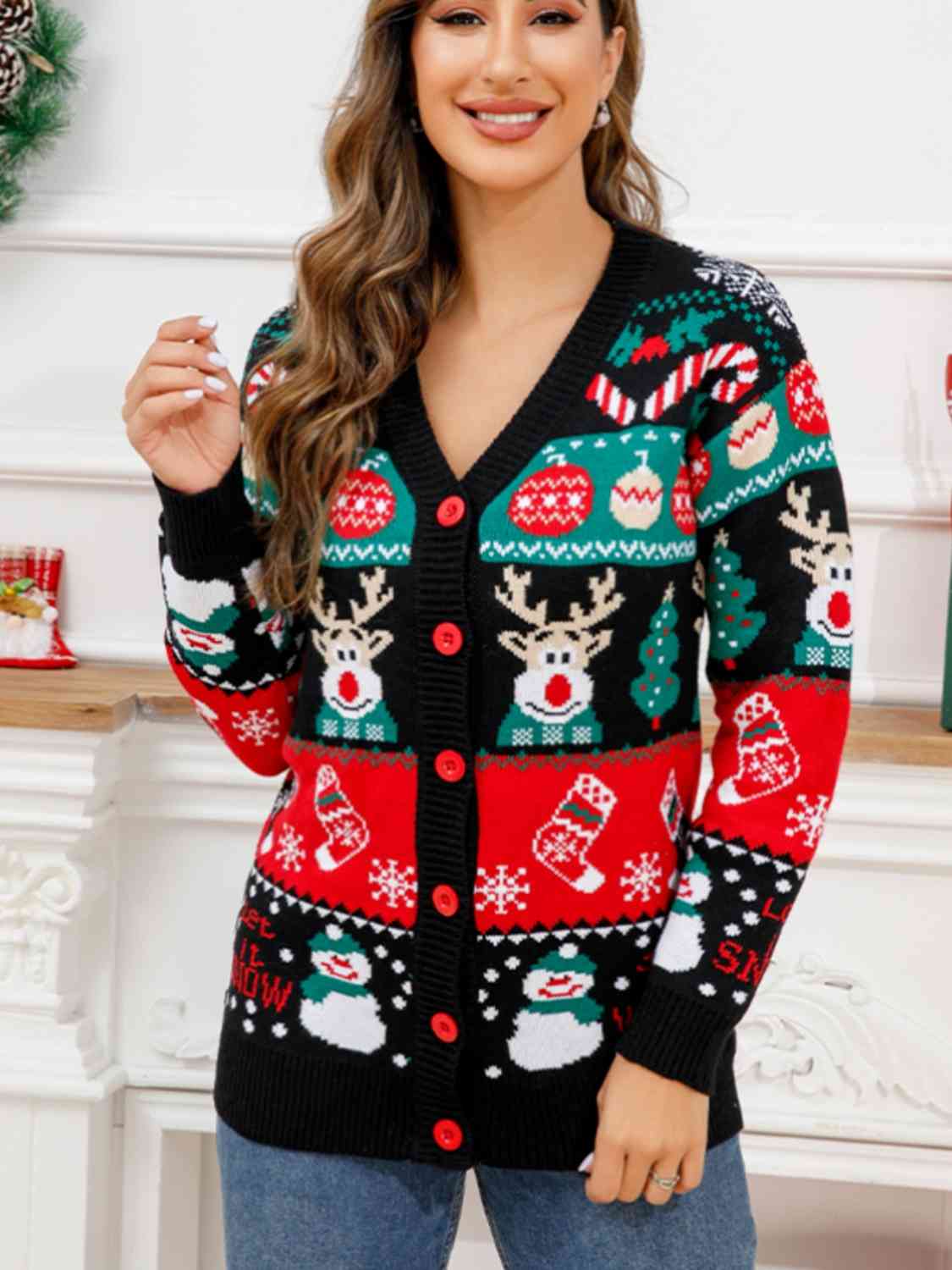 Christmas Button Down Cardigan - Black / S - Women’s Clothing & Accessories - Shirts & Tops - 1 - 2024