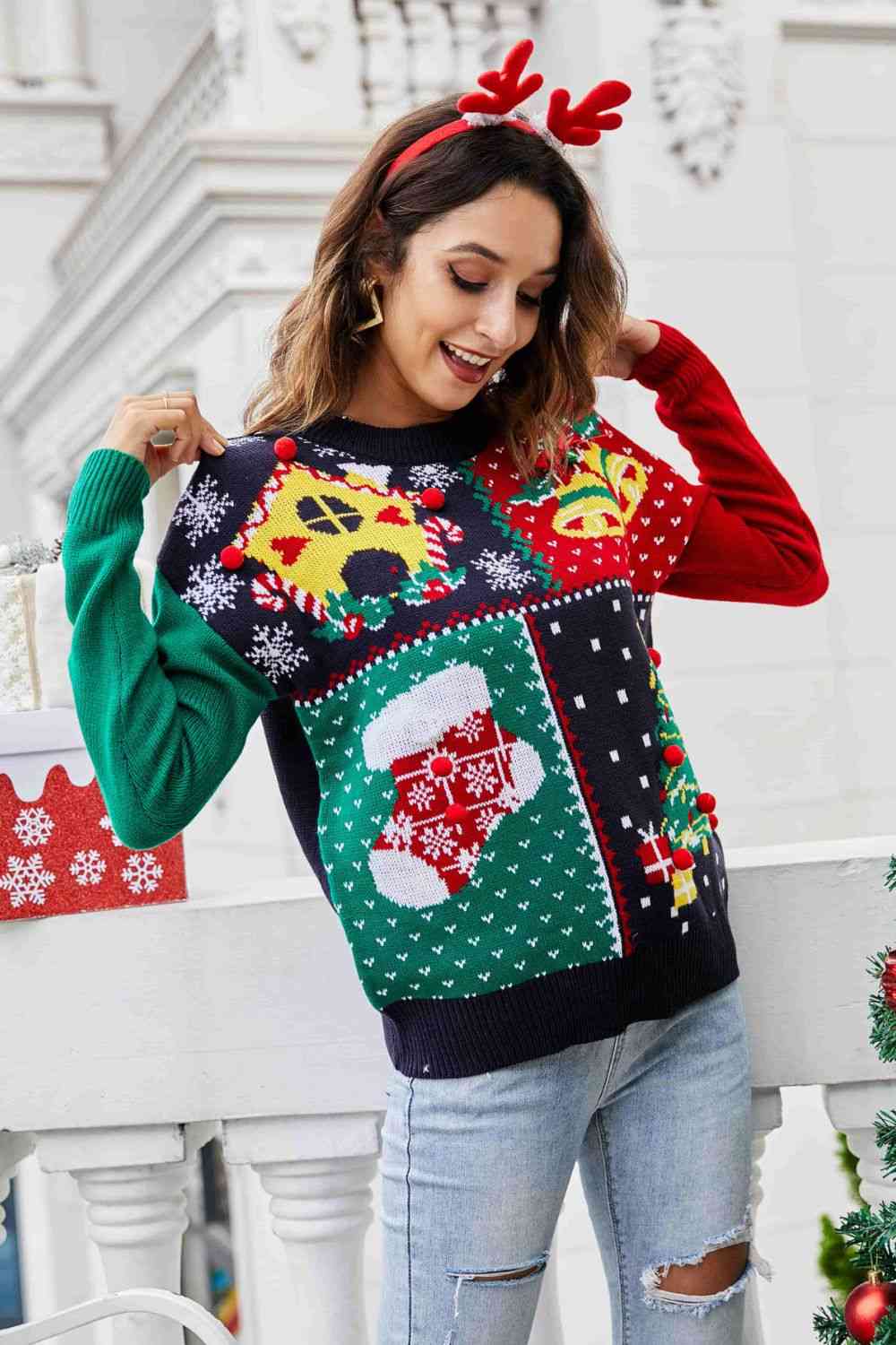 Christmas Color Block Knit Pullover - Women’s Clothing & Accessories - Shirts & Tops - 3 - 2024