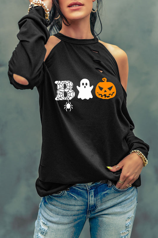 Cold Shoulder Boo Graphic Distressed Blouse - Black / S - Women’s Clothing & Accessories - Shirts & Tops - 1 - 2024