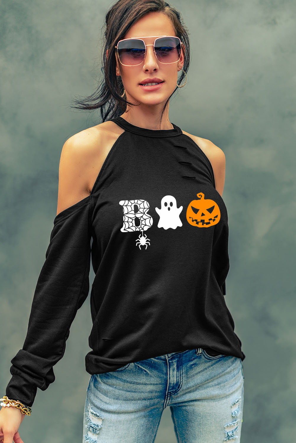 Cold Shoulder Boo Graphic Distressed Blouse - Women’s Clothing & Accessories - Shirts & Tops - 3 - 2024