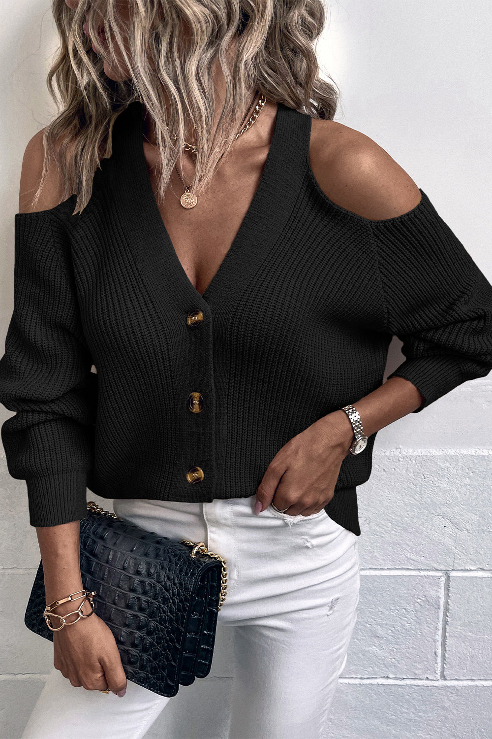 Cold Shoulder Plunge Neck Ribbed Cardigan - Black / S - Women’s Clothing & Accessories - Shirts & Tops - 4 - 2024